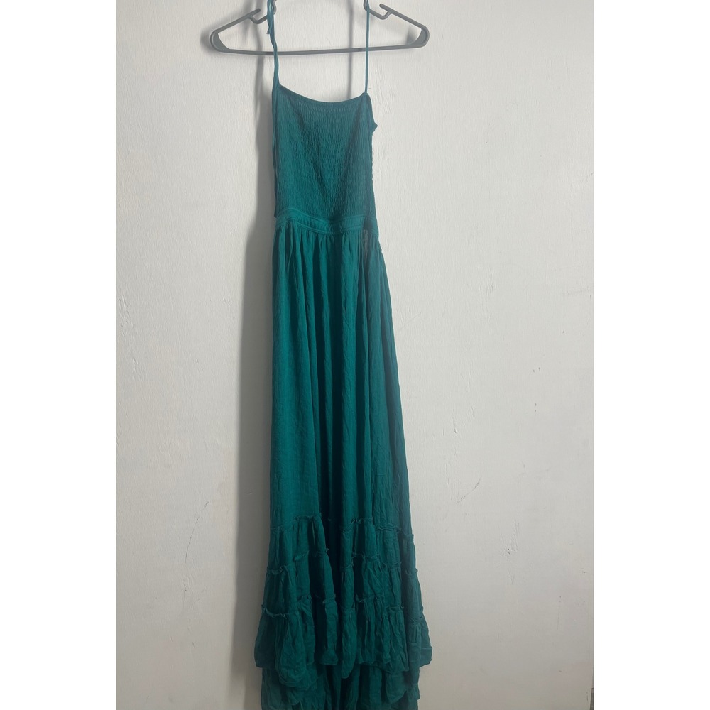 R. Vivimos Teal Green Boho Smocked Backless Tiered Maxi Dress Small Halter